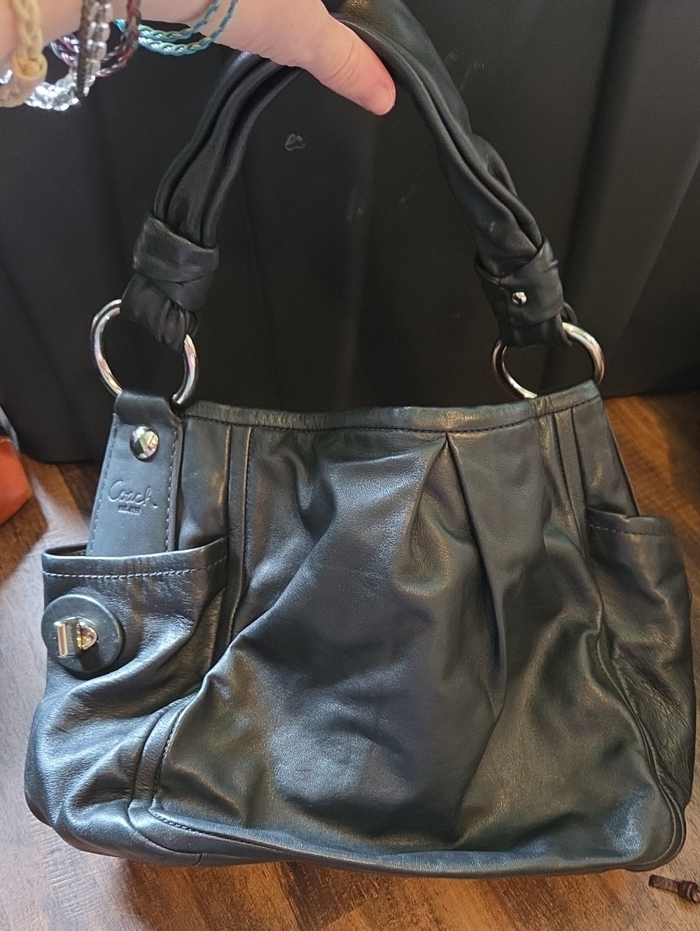 Coach Black Leather Pleated Shoulder Bag with Silver Hardware